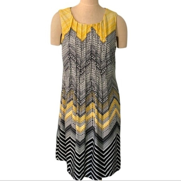 Perceptions New York Pleated Sleeveless Shift Dress Yellow Black White #245K - Picture 2 of 7